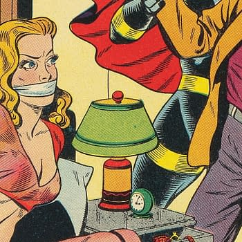 A comic illustration depicting a woman with blonde hair tied up and gagged, sitting on a bed. A man in a colorful outfit is holding a stack of money, while another figure in a dark costume looms behind them, creating a sense of tension.