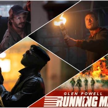 A collage featuring scenes from 'The Running Man,' showcasing intense moments with characters in dramatic lighting and action poses, alongside a stylized promotional graphic of the movie's title and logo.