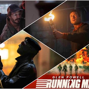 A collage featuring scenes from 'The Running Man,' showcasing intense moments with characters in dramatic lighting and action poses, alongside a stylized promotional graphic of the movie's title and logo.