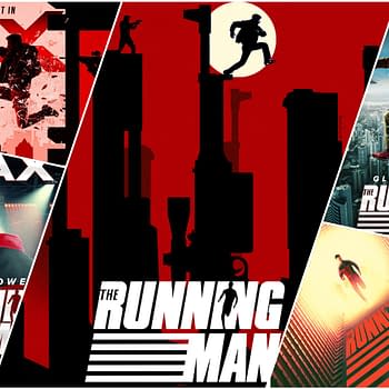 A collage of promotional posters for 'The Running Man,' featuring dynamic scenes with a protagonist running and various cityscapes in the background. Key elements include bold typography, a prominent logo, and thematic colors of red and black.