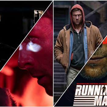A collage featuring scenes from 'The Running Man', including a man with a serious expression and a warm hoodie, stylized images emphasizing tension and intrigue, and promotional text highlighting the film's title and themes.