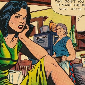 A colorful comic illustration features a frustrated woman in a green dress, sitting with her hand on her chin. In the background, an older woman in a blue dress looks on, expressing concern.