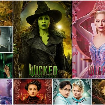 A collage of character posters for the musical 'Wicked for Good,' featuring key characters such as the Wicked Witch of the West and Glinda, alongside other notable figures in the story, set against vibrant backgrounds.