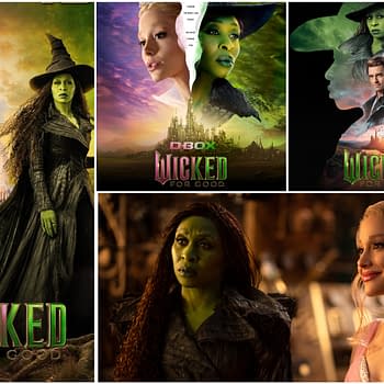 A collage of promotional posters for 'Wicked: For Good', featuring key characters including a green-skinned witch and a princess in a sparkling gown, alongside dramatic visuals that highlight the fantasy theme.