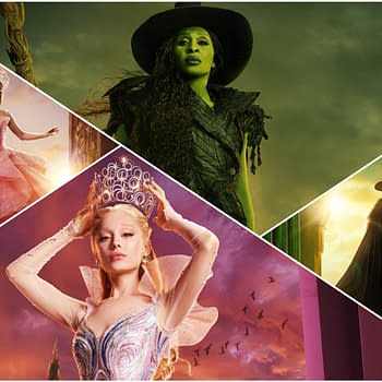 Illustration featuring characters from 'Wicked: For Good,' showcasing their vibrant costumes and magical elements, including a pink dress and witch's attire, set against colorful backgrounds.
