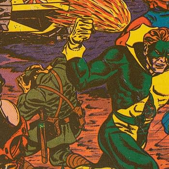 A colorful comic book illustration featuring a heroic figure in a green and yellow costume wielding a weapon, surrounded by various characters, including a shocked woman and a soldier. The scene conveys action and drama, typical of wartime comic themes.