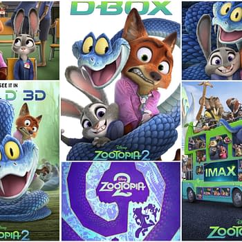 A vibrant collage of characters from Disney's 'Zootopia 2,' featuring Nick Wilde, Judy Hopps, and other anthropomorphic animals, promoting the film in various formats like IMAX and RealD 3D. The colorful artwork highlights the fun and adventurous spirit of the movie.