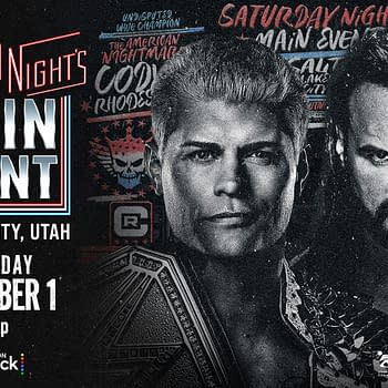 A promotional graphic for WWE's Saturday Night's Main Event featuring wrestlers Cody Rhodes and Drew McIntyre. It includes event details like location and date, prominently highlighting Salt Lake City, Utah, and November 1.