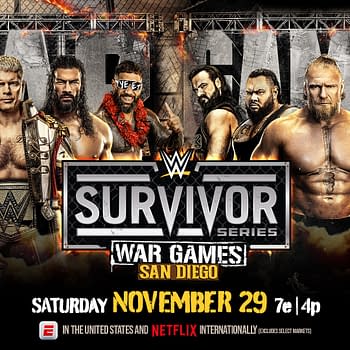 A promotional graphic for WWE Survivor Series featuring multiple wrestlers posed in front of a cage structure, with the title 'SURVIVOR SERIES' prominently displayed. The date and location for the event, 'Saturday, November 29, San Diego,' are also included in bold text.