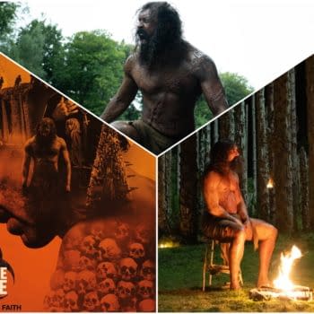 A promotional collage for 'The Bone Temple,' featuring dark, atmospheric imagery. The centerpiece displays a muscular, bearded man in a primal state, surrounded by elements like skulls and shadowy figures, evoking themes of fear and ancient ritual.