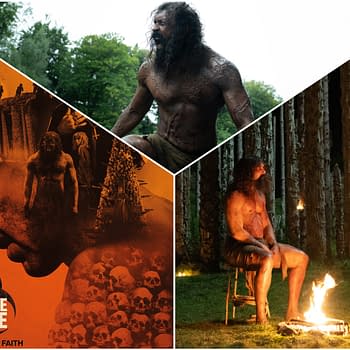 A promotional collage for 'The Bone Temple,' featuring dark, atmospheric imagery. The centerpiece displays a muscular, bearded man in a primal state, surrounded by elements like skulls and shadowy figures, evoking themes of fear and ancient ritual.