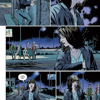 A comic panel depicts a young woman standing outside a building, looking concerned as she grips some keys. The scene features streetlights and a group of boys in the background, creating a tense atmosphere.