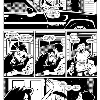 A black-and-white comic strip featuring a conversation between characters outside a house next to a Trans Am car. The scene depicts various interactions, including a humorous mention of bringing milk and a playful exchange about laundry.