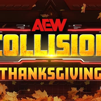 A graphic featuring bold text that reads 'AEW COLLISION THANKSGIVING', set against a dark background with falling autumn leaves and scattered fall decorations.