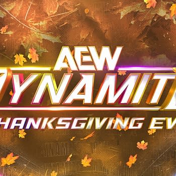 A colorful logo for AEW Dynamite featuring the text 'Dynamite' prominently displayed with 'AEW' and 'Thanksgiving Eve' beneath it. The background is adorned with autumn leaves and vibrant graphic elements.