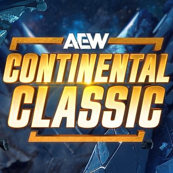 A promotional graphic featuring the text 'Continental Classic' prominently displayed, surrounded by abstract elements and shards of crystal, with the AEW logo above. The background has a dark, cosmic theme with floating dark rocks.
