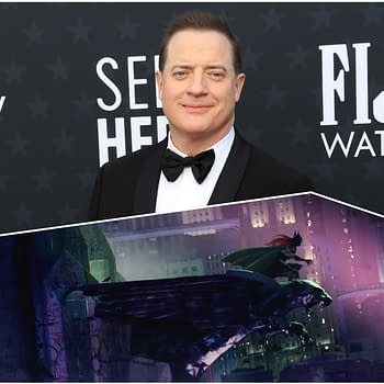 Brendan Fraser poses in a tuxedo at an event, with a backdrop featuring the text 'See Her' and logos for Verizon and Fiji Water. In the lower section, an illustration shows Batgirl in a superhero pose, standing on a gargoyle overlooking a cityscape.
