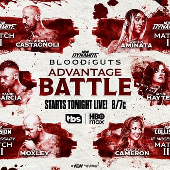 A promotional graphic for AEW Dynamite featuring a bold design with red accents. It lists matchups including Orange Cassidy vs. Claudio Castagnoli, Darby Allin vs. Daniel Garcia, and more, along with the event title 'Blood & Guts Advantage Battle' and start time 8/7c.