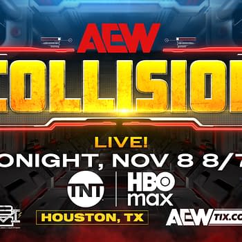 Promotional graphic for AEW Collision, featuring the large yellow text "COLLISION" against a dark, futuristic background. The date and time for the event, along with logos for TNT, HBO Max, and AEW, are displayed prominently.