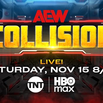 A promotional graphic for AEW Collision, featuring bold text that reads 'COLLISION' in yellow with a fiery effect. The date 'Saturday, Nov 15 8/7c' is displayed below, alongside the logos for TNT and HBO Max.