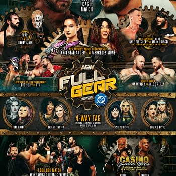 Promotional poster for the AEW Full Gear event, featuring various wrestlers and match details, including a steel cage match and championship bouts.