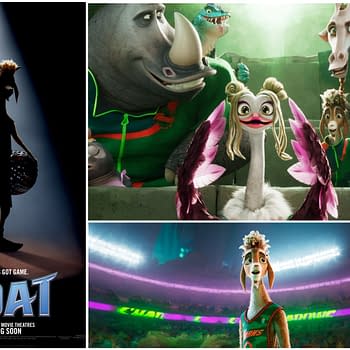 A vibrant animated movie poster for 'GOAT,' featuring a goat character holding a basketball under a spotlight, with additional colorful characters in a cheering crowd. The tagline indicates it's aimed at kids and promotes its upcoming theater release.