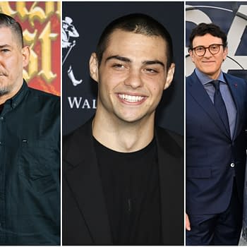 A collage featuring three men: on the left, a man with short hair and a beard wearing a black shirt, in the center, a young man with a shaved head and a big smile in a black blazer, and on the right, two men in suits smiling together. The image relates to AGBO's collaboration with Lionsgate and Millennium Media for a new Rambo film.