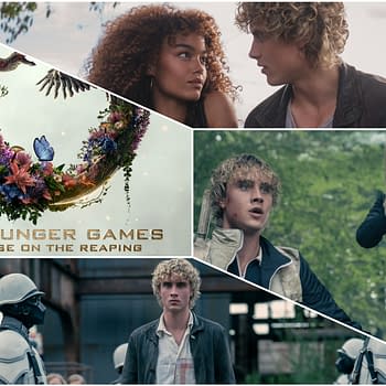 A collage featuring scenes from 'The Hunger Games: Sunrise on the Reaping,' including a floral emblem, characters interacting, and individuals in distress, reflecting themes of survival and unity.