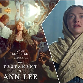 A promotional illustration for "The Testament of Ann Lee," featuring actress Amanda Seyfried in period costumes. The left side depicts a scene with multiple figures, while the right features Seyfried with an intense expression, wearing a cream-colored headscarf.