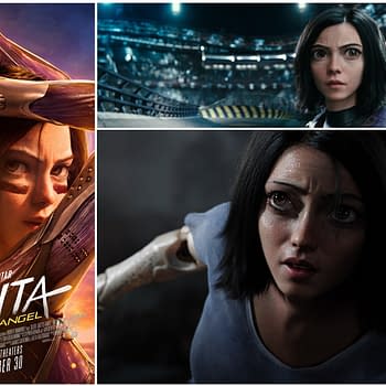 A promotional poster for 'Alita: Battle Angel', featuring the character Alita with a determined expression and cybernetic enhancements, alongside her intense and emotional moments from the film in a collage format.