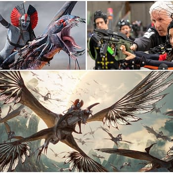 A feature image showcasing scenes from 'Avatar: Fire and Ash', depicting a fierce character on a monstrous creature in a dramatic action pose, alongside filmmakers working with motion capture technology and a breathtaking aerial view of flying creatures over a mountainous landscape.