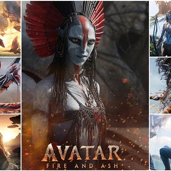 A promotional poster for 'Avatar: Fire and Ash,' featuring a striking character with intricate face paint and a dramatic red headdress. The collage includes various scenes from the film, showcasing vibrant landscapes and characters in action, emphasizing the fantasy themes of the movie.