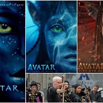 A collage showcasing the 'Avatar' film series, featuring character portraits from 'Avatar' and 'Avatar: The Way of Water,' alongside a scene from behind the scenes with director James Cameron and crew. Notable visual elements include vibrant colors, alien characters, and the title 'Avatar: Fire and Ash.'