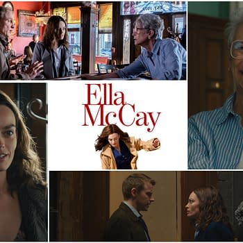 Collage featuring scenes from the film 'Ella McCay,' including a dramatic conversation in a restaurant, a close-up of the main character, and a promotional logo featuring the film's title in bold red letters.