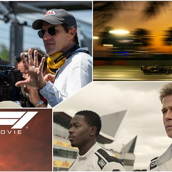 Collage featuring scenes from 'F1®: The Movie', including a film director gesturing on set, a high-speed Formula 1 car in motion, and two actors in racing gear, alongside the movie logo. The composition highlights elements of filmmaking and the excitement of motorsport.