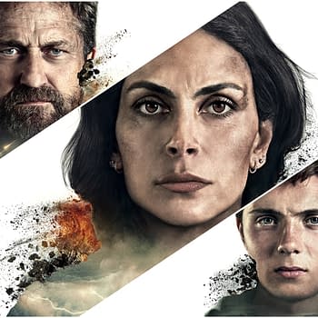 A dramatic illustration featuring three central characters, each with intense expressions. The artwork depicts a middle-aged man with a beard, a woman with long dark hair, and a young boy, all emerging from a backdrop of chaos and destruction, suggesting themes of conflict and migration.