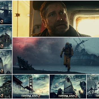 A collage from the film 'Greenland 2: Migration,' featuring a character in a perilous environment alongside promotional images of famous cities like New York, Philadelphia, and San Francisco, all depicted in a dramatic, post-apocalyptic style.