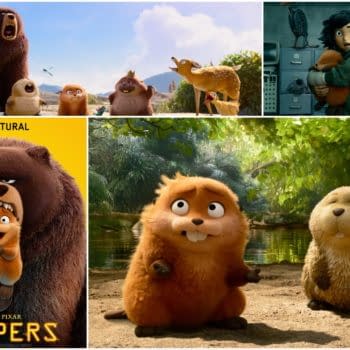A promotional collage for the animated film 'Hoppers' featuring a large bear character, smaller furry animals, and a child holding a small creature. The top left shows characters in a natural setting, while the bottom left includes a logo with the tagline 'Act Natural'.