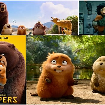 A promotional collage for the animated film 'Hoppers' featuring a large bear character, smaller furry animals, and a child holding a small creature. The top left shows characters in a natural setting, while the bottom left includes a logo with the tagline 'Act Natural'.