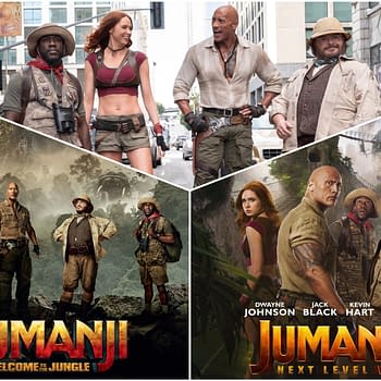 A collage featuring characters from the 'Jumanji' film series, including Dwayne Johnson, Kevin Hart, and Karen Gillan, in adventurous outfits. The top section depicts them in a modern urban setting, while the bottom showcases scenes from the movies 'Jumanji: Welcome to the Jungle' and 'Jumanji: The Next Level,' highlighting the adventurous themes and jungle landscapes.