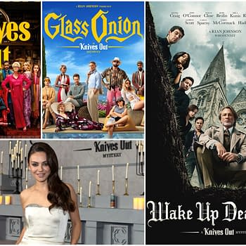 Collage featuring promotional materials from the 'Knives Out' film series, including 'Glass Onion' and 'Wake Up Dead Man,' along with an image of actress Mila Kunis at a promotional event.
