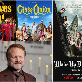 A collage featuring promotional images for the 'Knives Out' movie franchise, including 'Glass Onion' and a poster for 'Wake Up Dead Man,' alongside a portrait of director Rian Johnson. The images highlight the ensemble cast and distinctive styles of the films.