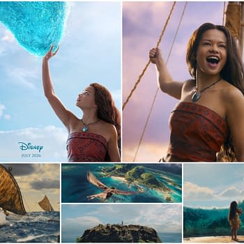 Collage from Disney's 'Moana' featuring the main character, a young Polynesian girl navigating the ocean, showcasing scenes with waves, canoes, and lush islands. The image highlights her adventurous spirit and connection to the sea.