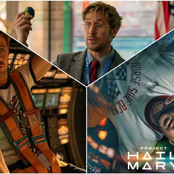 A collage featuring scenes from 'Project Hail Mary,' showcasing a man in a space suit with glasses, holding an object in one scene and displaying a concerned expression in another. The bottom right corner features the title 'Project Hail Mary' in bold font, surrounded by a cosmic backdrop.