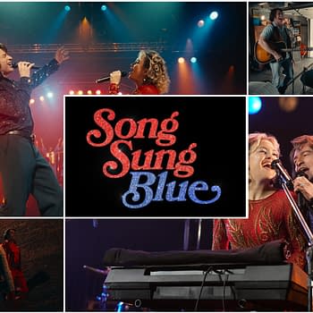 The 'Song Sung Blue' logo, featuring glittering red and blue text, is displayed prominently amidst scenes from a musical performance, including singers on stage and musicians rehearsing. The image captures the vibrant energy of a concert atmosphere.