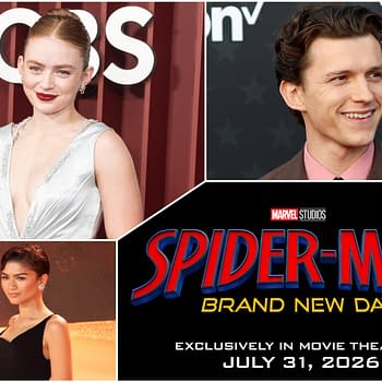 A promotional collage for 'Spider-Man: Brand New Day,' featuring Sadie Sink in a silver dress, a smiling Tom Holland, and Zendaya in a black dress. The image includes the movie title and release date information.