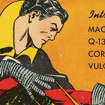 An illustration from a comic book featuring a superhero named Magno, who is dressed in a red and black costume with a distinctive yellow collar. He is portrayed with a focused expression, wearing striped gloves, and preparing for action against a bright orange background.