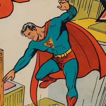 Superman #1 (DC Comics, 1939). An illustration of Superman, depicted in his classic blue and red costume, flying above a cityscape with his hand extended downward. The background features a bright yellow color and includes the number 10 prominently displayed.