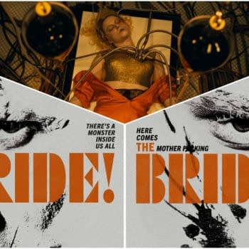 An artistic collage featuring a woman with blonde hair lying on a table surrounded by wires and equipment, with bold text overlays declaring 'THE BRIDE!' and phrases referencing a lurking monster. The composition blends elements of horror and tension, fitting the theme suggested by the post title.