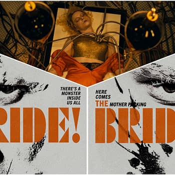 An artistic collage featuring a woman with blonde hair lying on a table surrounded by wires and equipment, with bold text overlays declaring 'THE BRIDE!' and phrases referencing a lurking monster. The composition blends elements of horror and tension, fitting the theme suggested by the post title.